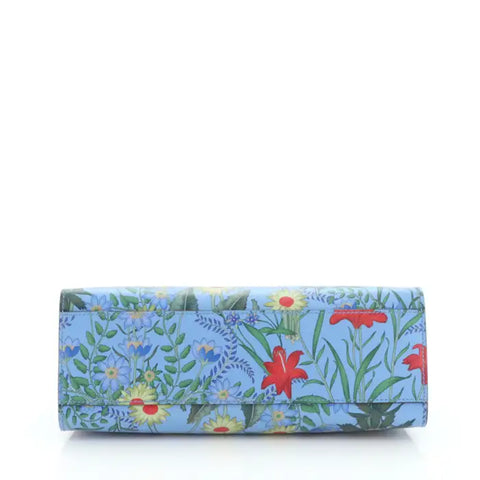 Gucci Nymphae Azure Shanghai Leather Handbag Snap Floral Blue Gold Bag Purse NEW