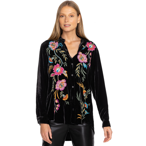 Johnny Was Sidonia Velvet Oversized Shirt Button Long Embroidery Top Black NEW