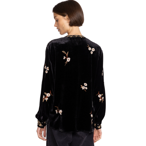 Johnny Was Quinn Velvet Mandarin Shirt Long Sleeves Embroidered Top Black NEW