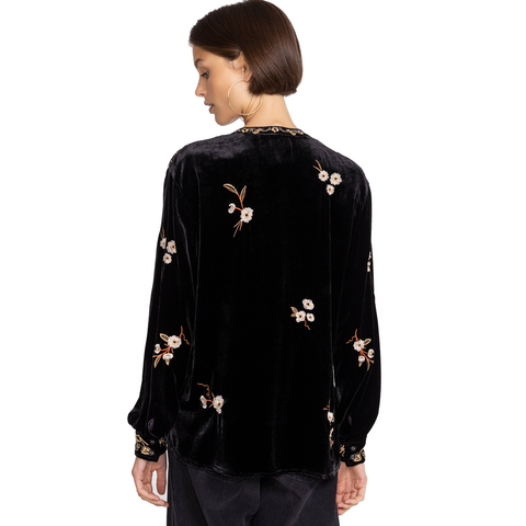 Johnny Was Quinn Velvet Mandarin Shirt Long Sleeves Embroidered Top Black New