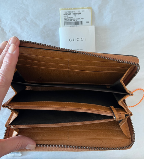 Gucci GG Disney X Mickey Mouse Zip Around Tan Gold Brown Purse Wallet Italy NEW
