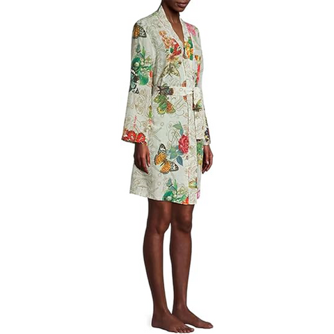 Johnny Was Evelyn Sleepwear Silk Robe Home Lounge Cream Butterfly Floral NEW