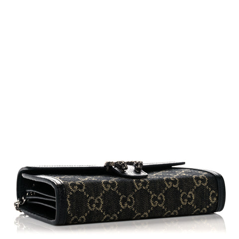 Gucci Dionysus GG Mini Chain Wallet Black Denim Handbag Silver Italy Bag NEW