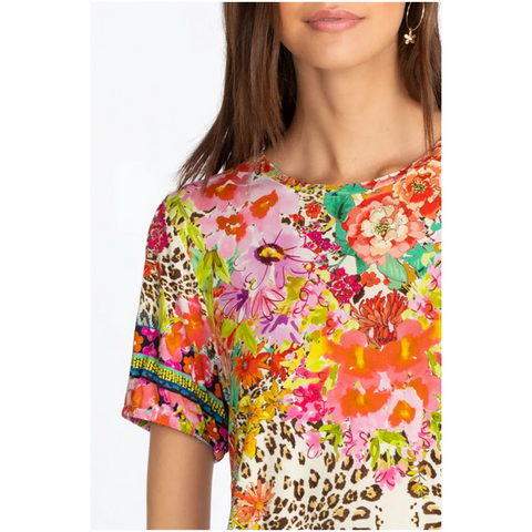 Johnny Was Wild Garden Puff Sleeve Floral Knit Flower Tee Shirt Top Red Pink Medium NEW