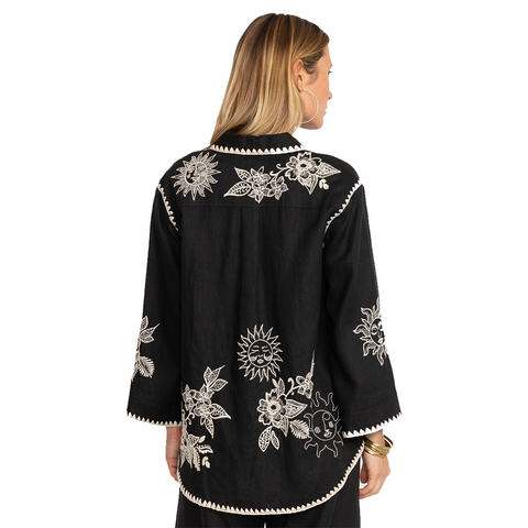 Johnny Was Addison Kimono Shirt Linen White Floral Embroidery Black Top Large NW
