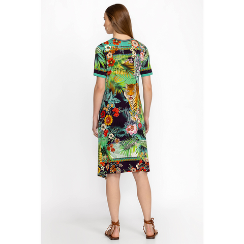 Johnny Was Janie Favorite Tigres Short Sleeve Swing Dress Floral Green Blue NEW