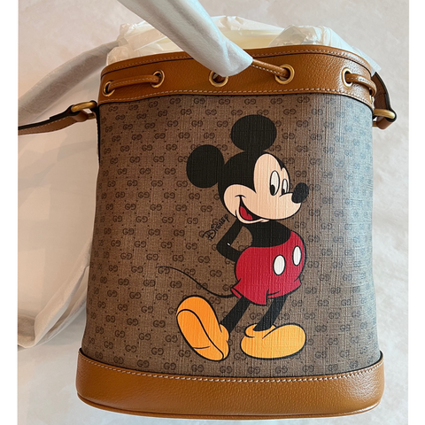 GUCCI GG Disney X Mickey Mouse Print Bucket Leather Tan Brown Italy Bag Mini NEW