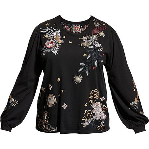 Johnny Was Selah Cuffed Puff Long Sleeve Tee Black Crew Neck Floral Shirt Top NEW