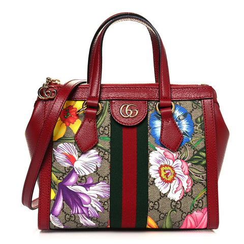 Gucci Ophidia Red Floral Small Tote Leather Canvas Flower Handbag Bag Italy NEW