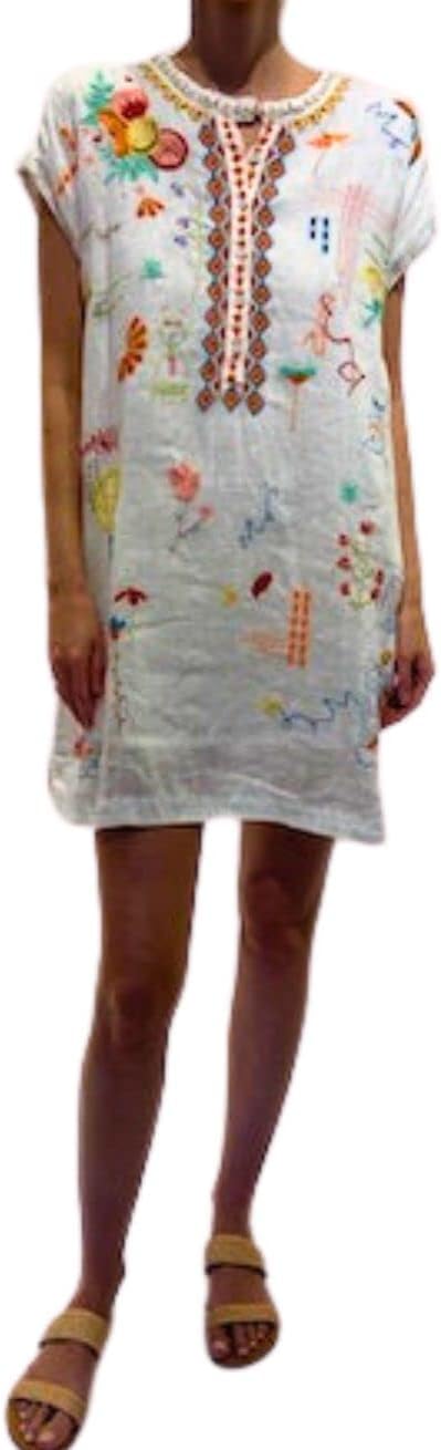 Johnny Was Lemona Dress Floral Embroidery Linen Natural Button Front White NEW