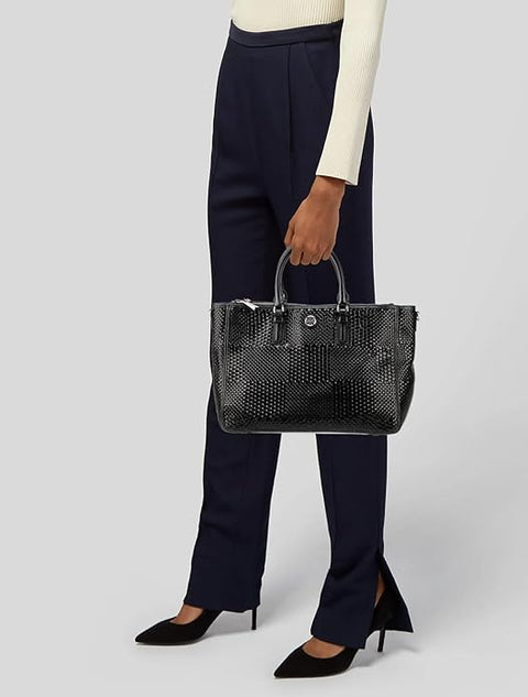 Tory Burch Robinson Black Tote Basketweave Saffiano Leather large Handbag Bag New