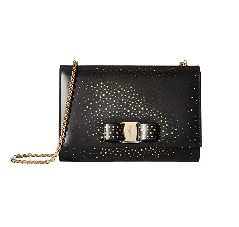 Salvatore Ferragamo Nero Crossbody Black Gold Glitter Leather Handbag Purse New