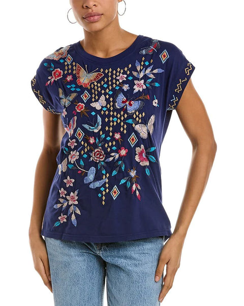 Johnny Was Mariposa Relaxed Tee Short Sleeve Floral Butterfly Shirt Black Top NEW