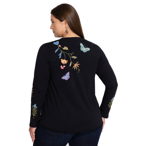 Johnny Was Adela Slit Aqua Sleeve Tee Shirt Butterfly Embroidery V Neck Blue Top New