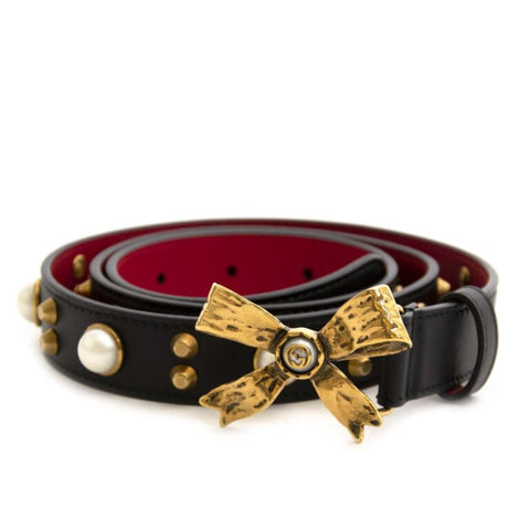 Gucci Studded Leather Belt Metal Bow Hibiscus Red Black Belt Moon Pearl Italy NEW