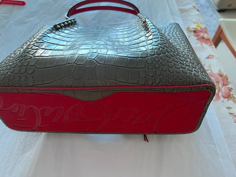 Christian Louboutin Cabarock Tote Croc Embossed Grey Red Calfskin Leather Handbag Bag New