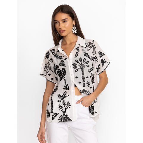 Johnny Was Luciana Dolman Flower Shirt Short Sleeve Button Black White Top New