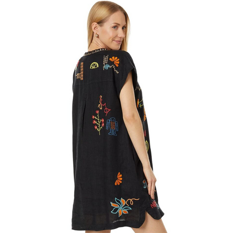 Johnny Was Lemona Dress Floral Embroidery Linen Black Button Front Flowers New