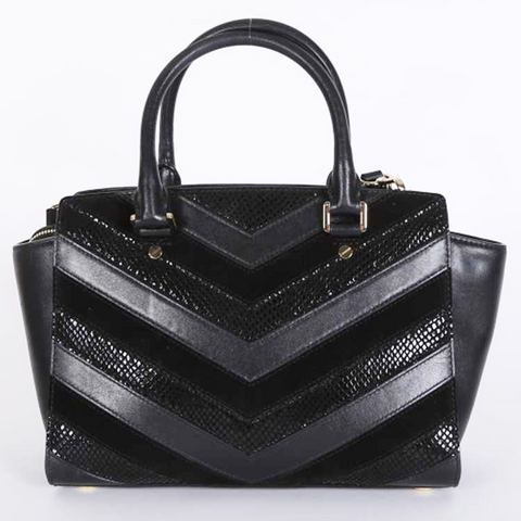 Michael Kors Selma Chevron Satchel Black Leather Tote Top Handle Handbag Bag New