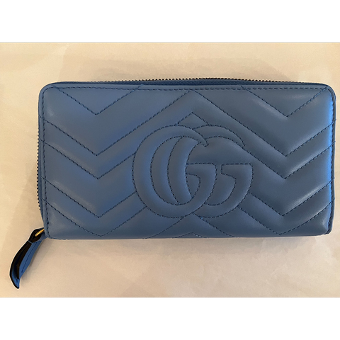 Gucci GG Marmont Chevron Blue Gold Continental Wallet Leather Box Zip Around New