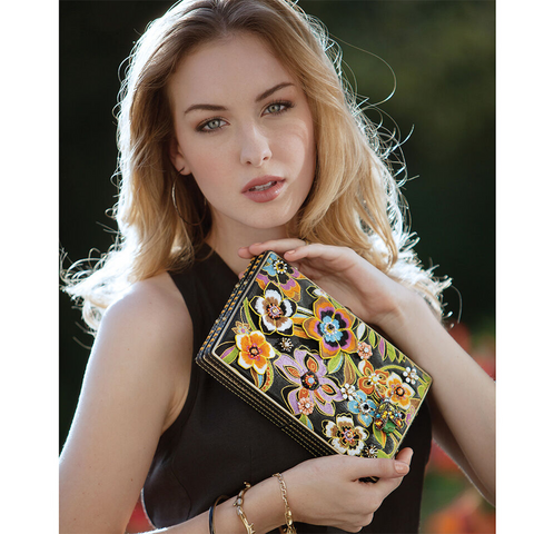 Mary Frances Blossoms Black Purple Handbag Flower Bead Chain Strap Gold Bag New
