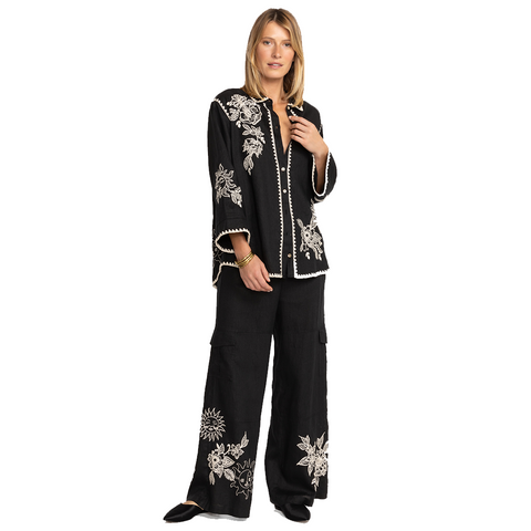 Johnny Was Addison Kimono Shirt Linen White Floral Embroidery Black Top Large NW
