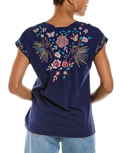 Johnny Was Mariposa Relaxed Tee Short Sleeve Floral Butterfly Shirt Black Top NEW
