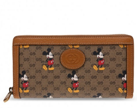 Gucci GG Disney X Mickey Mouse Zip Around Tan Gold Brown Purse Wallet Italy NEW