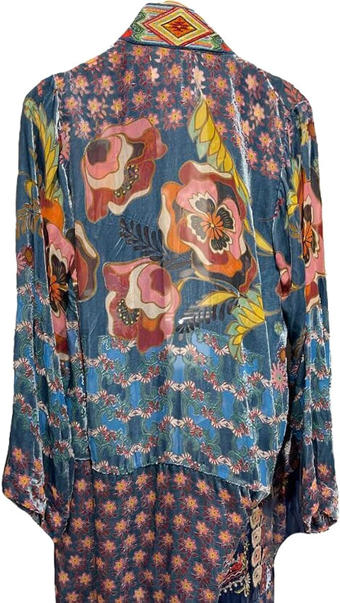 Johnny Was Vember Burnout Benet Kimono Jacket Flower Embroidery Blue Floral XXL NEW