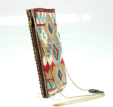 Mary Frances Turquoise Power Cell Phone Crossbody Pouch Bag Cream Red Beaded NEW