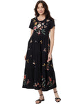Johnny Was Suki Cap Sleeve Knit Maxi Dress Floral Embroidery Black Cotton New