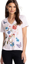 Johnny Was Nicolette V Neck Short Sleeve Ethereal Blue Tee Cotton Shirt Floral Embroidery Top NEW