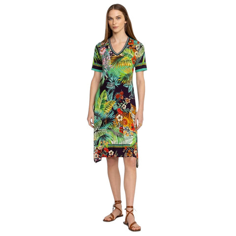 Johnny Was Janie Favorite Tigres Short Sleeve Swing Dress Floral Green Blue NEW