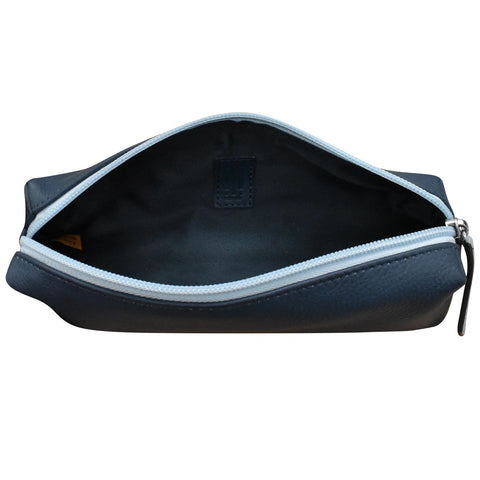 ILI New York Leather Two Tone Pencil Case Bag Zip Navy Blue Chambray Purse NEW