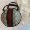 Gucci Small Basketball Red Brown Stripe Round Canvas Leather Handbag Bag NEW