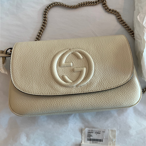 Gucci Soho Off White Leather Handbag Crossbody Clutch Ivory Italy Bag