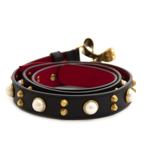 Gucci Studded Leather Belt Metal Bow Hibiscus Red Black Belt Moon Pearl Italy NEW