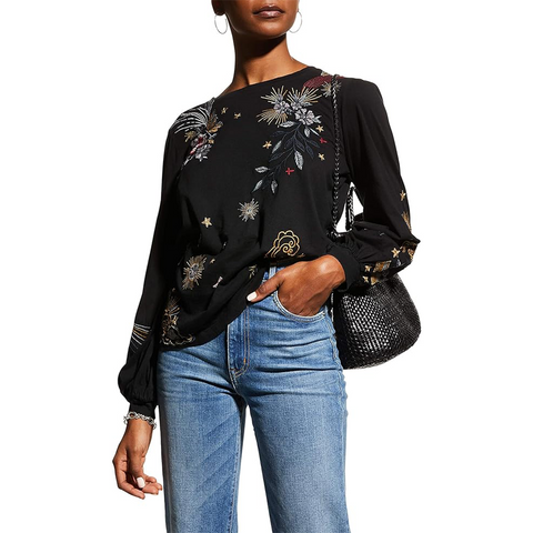 Johnny Was Selah Cuffed Puff Long Sleeve Tee Black Crew Neck Floral Shirt Top NEW