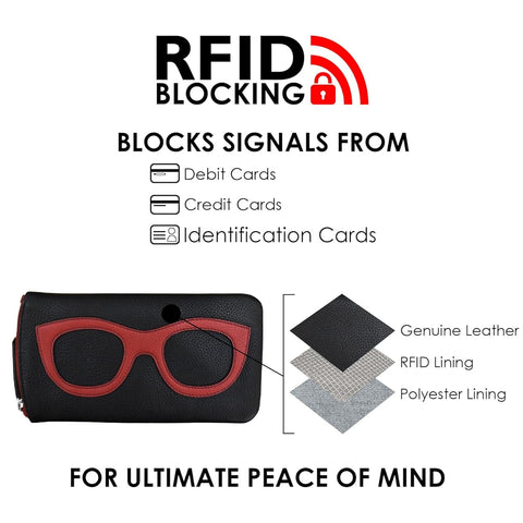 ILI New York Leather Eyeglass Case Zip Glasses RFID Blocking Wallet Black Red NEW