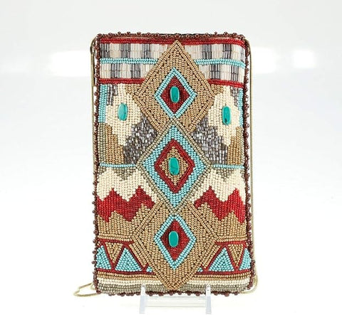 Mary Frances Turquoise Power Cell Phone Crossbody Pouch Bag Cream Red Beaded NEW