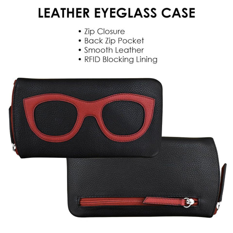 ILI New York Leather Eyeglass Case Zip Glasses RFID Blocking Wallet Black Red NEW