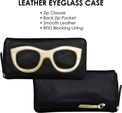 ILI New York Leather Eyeglass Case Zippered Glasses Wallet Black Light Gold NEW