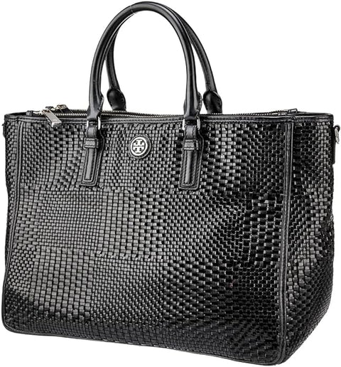 Tory Burch Robinson Black Tote Basketweave Saffiano Leather large Handbag Bag New