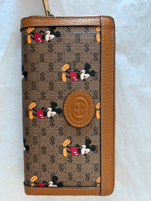 Gucci GG Disney X Mickey Mouse Zip Around Tan Gold Brown Purse Wallet Italy NEW