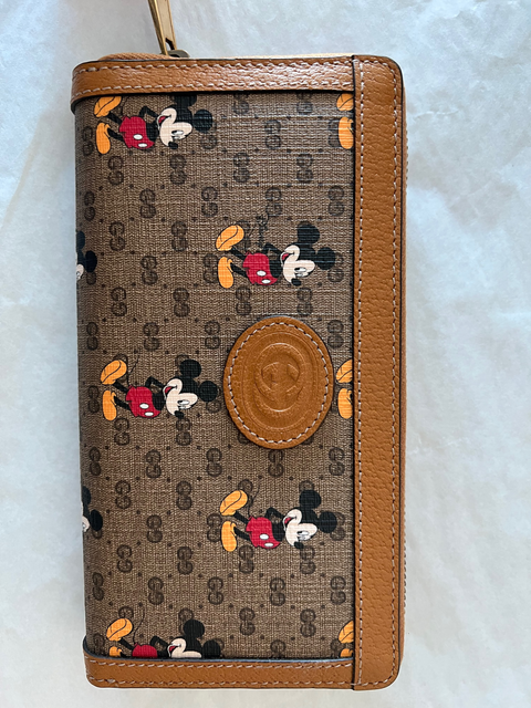 GUCCI GG Disney X Mickey Mouse Zip Around Wallet Tan Brown Italy Authentic NEW