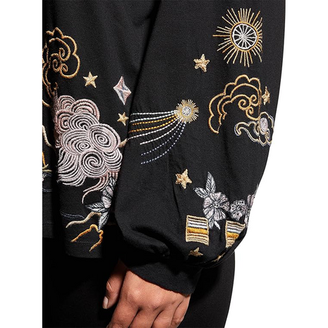 Johnny Was Selah Cuffed Puff Long Sleeve Tee Black Crew Neck Floral Shirt Top NEW