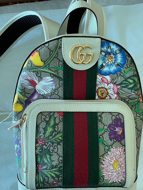 Gucci Ophidia Flora Beige White Leather Canvas Backpack Handbag Bag Italy NEW