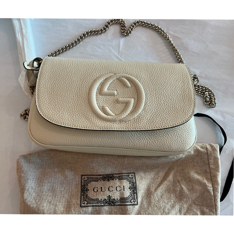 Gucci Soho Off White Leather Handbag Crossbody Clutch Ivory Italy Bag