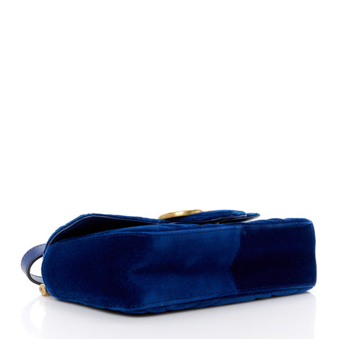 Gucci Velvet Matelasse Small GG Marmont Shoulder Bag Cobalt Blue Gold Handbag NEW