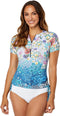 Johnny Was Sun Rays Surf Shirt Swim Resort Blue Rash Guard Floral Top XXL NEW
